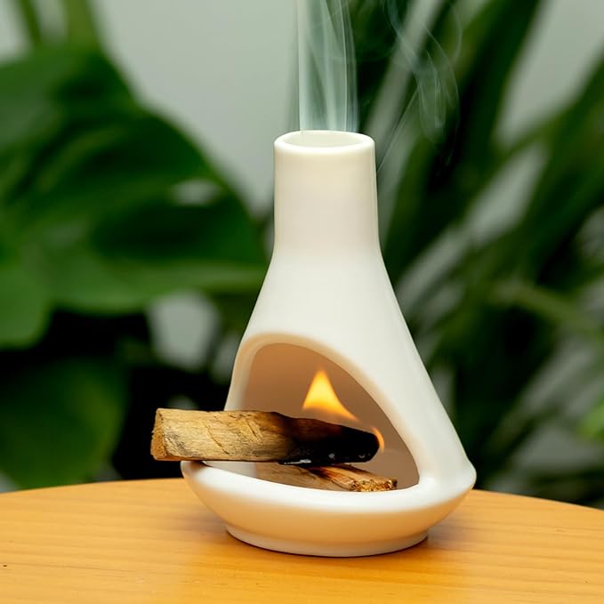 Ceramic Chiminea Palo Santo Holder and Burner - Modern Medieval Incense Candle and Matchstick Mini Chiminea for Wood Sticks and Bulk Incense with Ash Catcher - Zen-Inspired Home Decor Gift