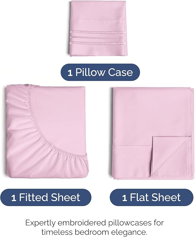 Twin Size 3 Piece Sheet Set - Comfy Breathable & Cooling Bed Sheets Set - Hotel Luxury Bedding for Women, Men, Kids, Teens, Boys & Girls - Deep Pockets, Soft and Wrinkle Free - Oeko-Tex - Light Pink