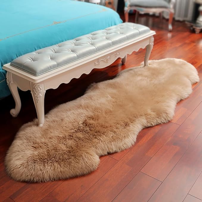 Premium Genuine Fur Sheepskin Rug Real Australia Sheepskin Natural Luxury Fluffy Lambskin Fur Area Rug Seat Covers for Kids Bedroom Sofa Chair Cover (Light Brown, Double Pelt/2ft x 6ft)