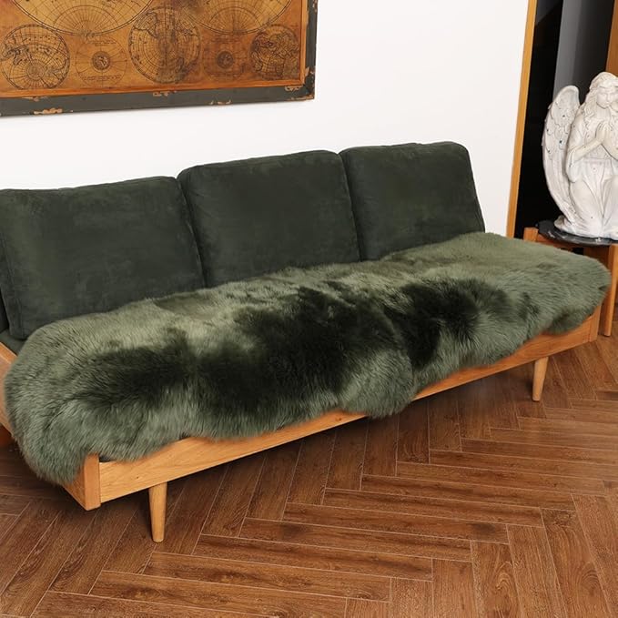 Premium Genuine Fur Sheepskin Rug Real Australia Sheepskin Natural Luxury Fluffy Lambskin Fur Area Rug Seat Covers for Kids Bedroom Sofa Chair Cover (Military Green, Double Pelt/2ft x 6ft)