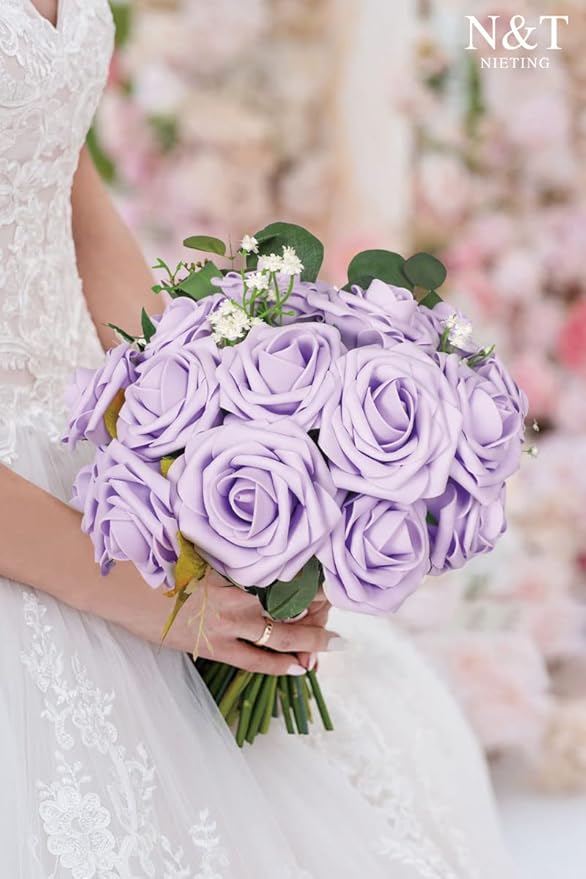 N&T NIETING Artificial Flowers, 50pcs Lavender Fake Rose Flowers with Stem for DIY Wedding Bouquets Centerpieces Arrangements Party Baby Shower Home Decorations