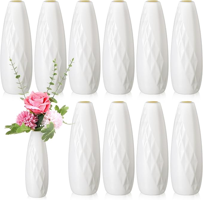 10 Pack Composite Plastic Flower Vases Bulk White Small Tall Conic Floral Vases for Centerpieces Unbreakable Bud Vase for Wedding Party Living Room Decor (Elegant)