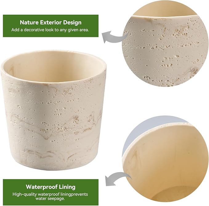 Ekirlin 7 Inch Natural Travertine Textures Plant Pot, Resin Outdoor Planter with Drainage Hole, Removable Rubber Stopper and Non-Slip Soft Pad,Weatherproof Decorative Pot for Indoor/Garden Plants