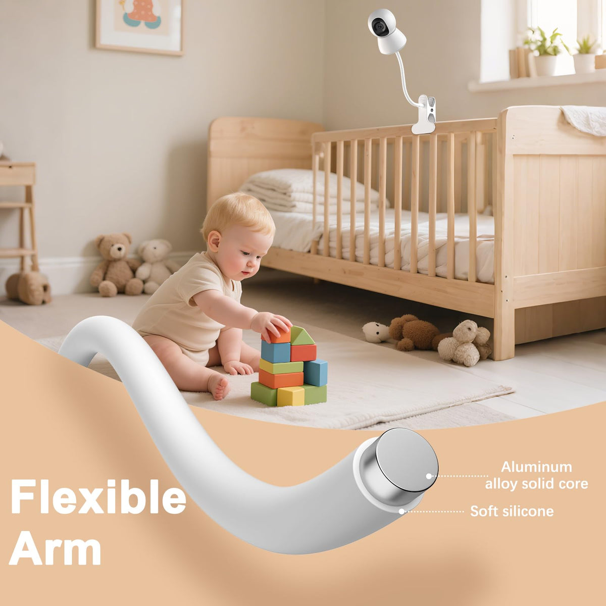 Upgraded Baby Monitor Mount - Universal Adjustable Baby Camera Clip Mount for Hello Baby, Nanit Pro, Infant Optics, VTech & Most Baby Monitors, Detachable Arm Monitor Holder Flex Stand for Crib