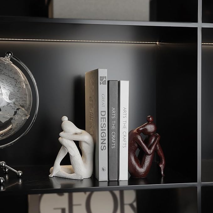 Decorative Bookends for Shelves, Unique Book Ends for Home Office Decor, Meditation Girl Statue Book Stopper for Bookshelf Decor, Modern Abstract Aesthetic Decoration White & Brown