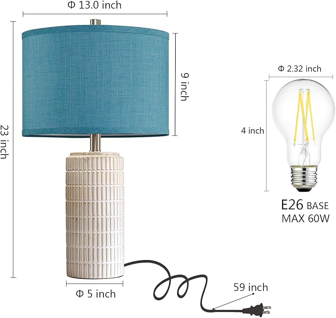 23" Modern Ceramic Nightstand Table Lamps Set of 2, Nautical Lamps for Bedroom Bedside, Side Table Lamps for Living Room, Dining Room, Office, 2 LED Bulbs Included (Blue)