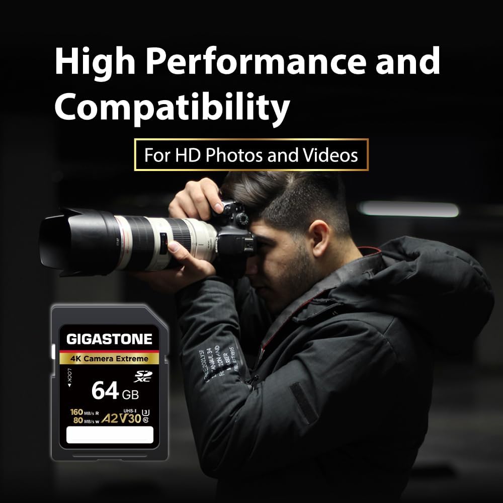 Gigastone 5-Years 64GB 4K A2 V30 U3 1 Data Recovery SD Card, Camera Extreme, SDXC Memory Card High Speed UHD Video