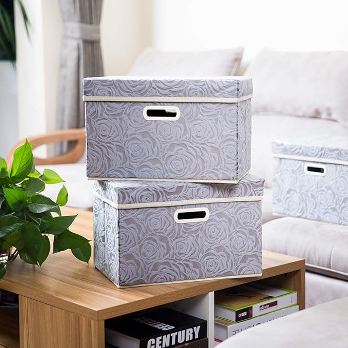 PRANDOM Foldable Storage Bins with Lids [5-Pack] Fabric Decorative Storage Box Cubes Organizer Containers Baskets with Cover Handles Divider for Bedroom Closet Living Room Grey 14.9x9.8x9.8 Inch