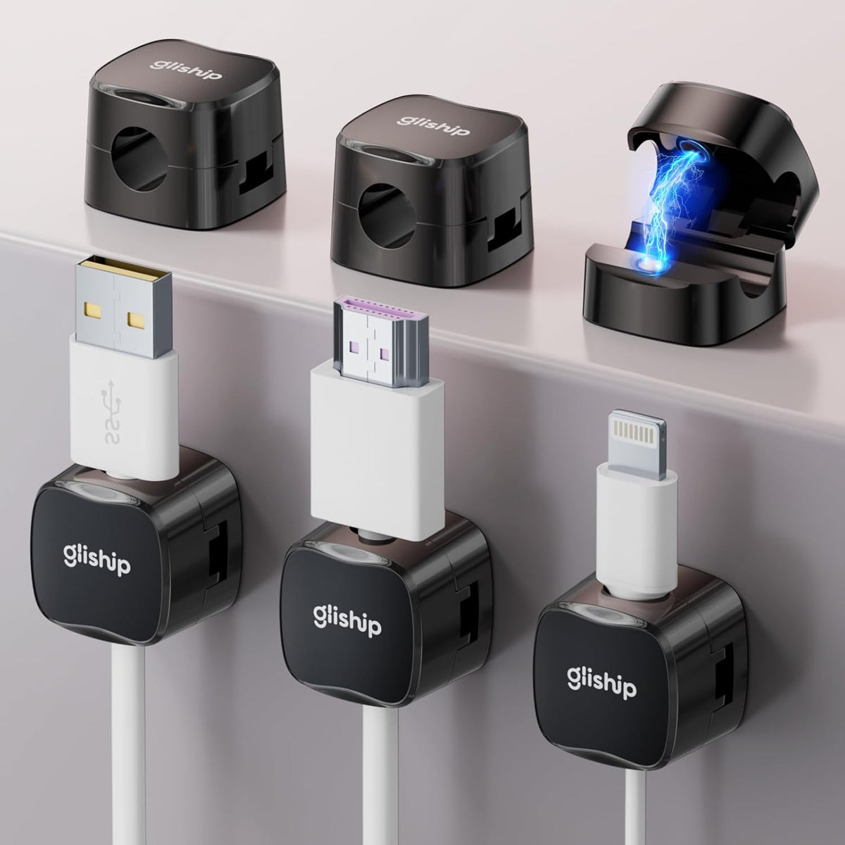 gliship [2025 6-Pack 6 Upgrade Magnetic Cable Clips - Cell Phone Cord Holder for Nightstand, Mini Cube Cord Holder