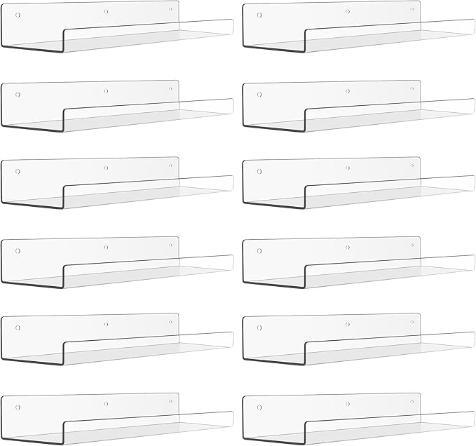 upsimples 12 Pack Acrylic Shelves Wall Organizer and Storage, 15" Display Shelf for Figure, Toy Cars, Perfume, Kids Bookshelf for Bedroom, Nursery, Craft Room, Clear
