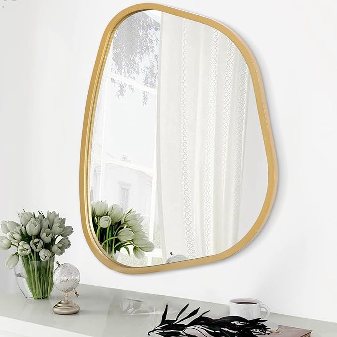 Asymmetrical Accent Mirror for Wall Irregular Oval Wood Frame Modern Unique Wall Mirror Decorative Vanity Bathroom Living Room Bedroom Entryway Hallway Artistic Mirror Small Gold 14"x10"