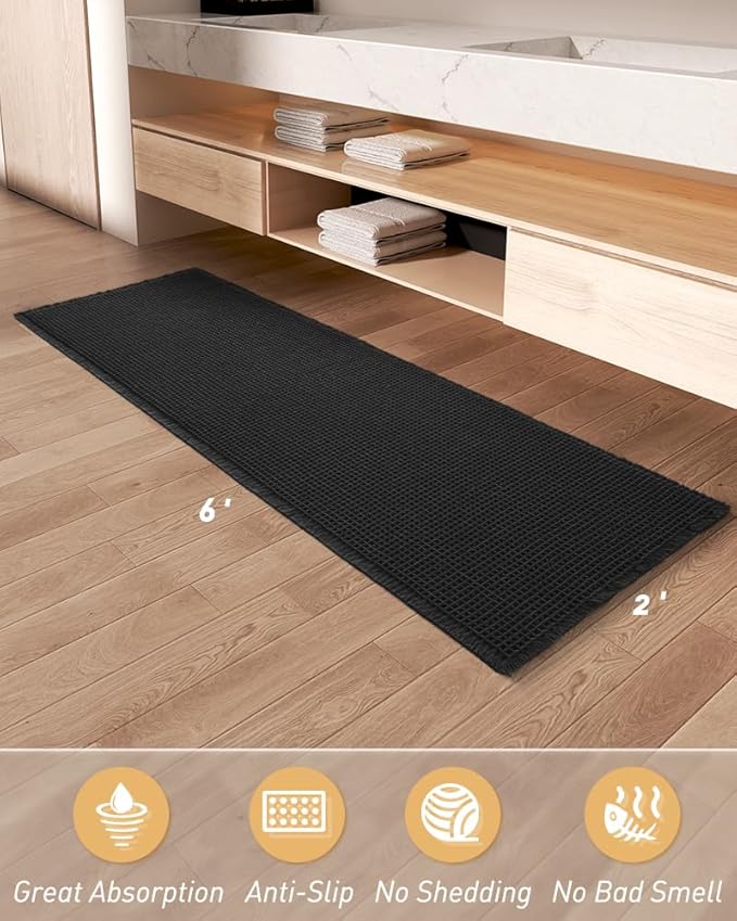AMOAMI Upgraded Waffle Runner Rug Super Absorbent Non Slip Bath Mats for Bathroom Machine Washable Boho Bathroom Runner Rug with Tassels, Ideal for Hallway Bedroom Laundry Room, 2'x 6'