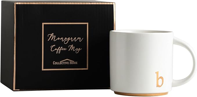 COLLECTIVE HOME - Monogram Ceramic Mugs, 15 oz Golden Initial Coffee Cups, Elegant Alphabet Tea Mugs, Elegant Personalized Mug with Gift Box, Luxurious Cups for Office and Home (b)