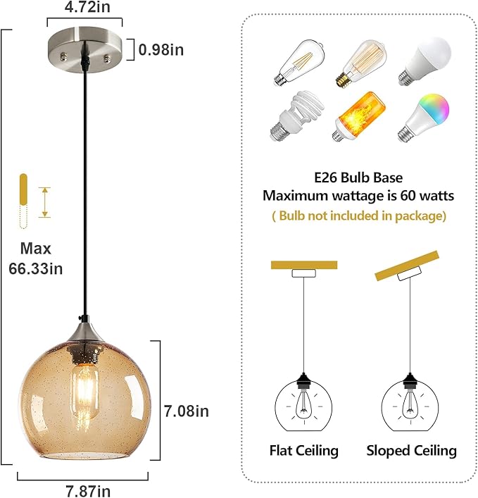 Light Brown Glass Pendant Lights Kitchen Island Lighting Globe Pendant Light Fixtures Modern Pendant Lighting for Bedroom Living Dining Room Light Fixture (7.87 in, 3 Pack)