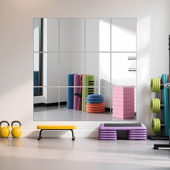 Ruomeng Home Gym Mirror Tiles - 12" x 16" x 12Pcs Frameless Full Length Wall Mirror Tiles Wall Mounted Mirror for Vanity Bedroom, Living Room