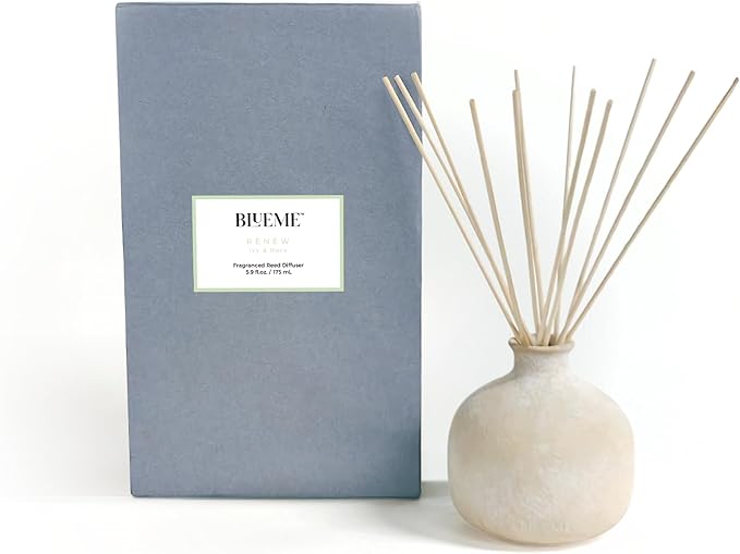 BLUEME Renew-Ivy & Rose, 5.92 Fl Oz Wellness Diffuser, Contains Essential Oil, Sustainable, Hand Finished, Premium, Luxury Ceramic, Natural Rattan Reeds