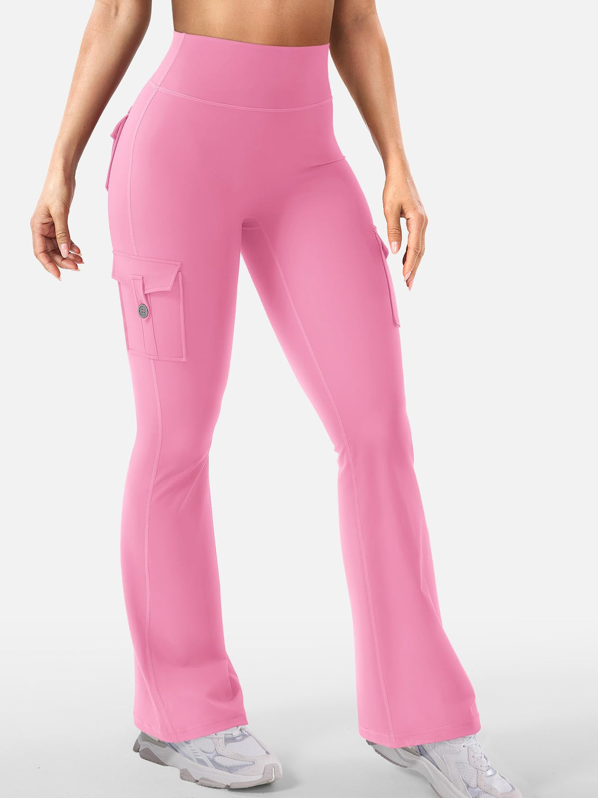 YEOREO CoreFlex Women Workout Flare Leggings with Pockets Hidden Scrunch High Waisted Cargo Gym Yoga No Front Seam Leggings Pink S