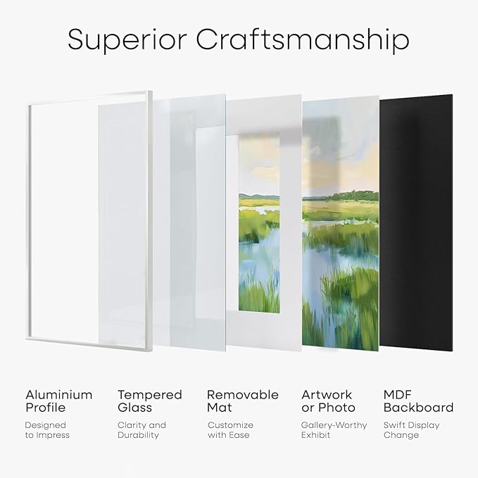Homeforia 24x24 Picture Frame White, High End Metal 24 x 24 Large Square Poster Frame Matted to 20 x 20 in Photo, 24by24 Thin White Frames with Mat 20x20 inch Print, Tempered Glass, Wall Kit, Set of 1