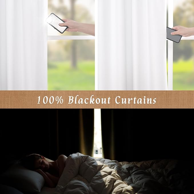 LAMIT White 100% Blackout Linen Curtains, 72 Inches Linen Textured Living Room Farmhouse Curtains Full Room Darkening Back Tab and Rod Pocket Burlap Panels with White Liner, 2 Panels, 52 x 72 Inch