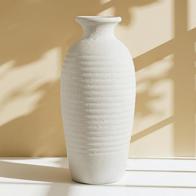 Rustic Ceramic Threaded White Vase, 14.4" H Tall Vases for Centerpieces,Handmade Large Decorative Vase for Living Room Decor,Vintage Farmhouse Pottery Flower Vase for Entryway Fireplace|Off-White