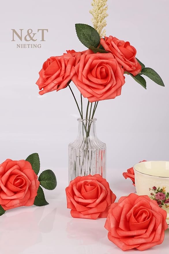 N&T NIETING Artificial Flowers 25pcs Real Looking Coral Foam Fake Roses with Stems for DIY Wedding Bouquets Bridal Shower Centerpieces Floral Arrangements Party Tables Home Decorations