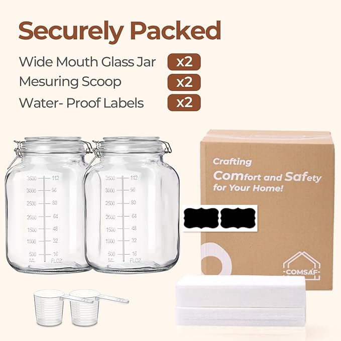 ComSaf Large Glass Storage Containers with Lids, 1.1 Gallon Glass Jar with airtight Lid for Rice, Wide Mouth Mason Jars with Measurement Mark, Flour Sugar Storage Containers 135oz, Set of 2, Square