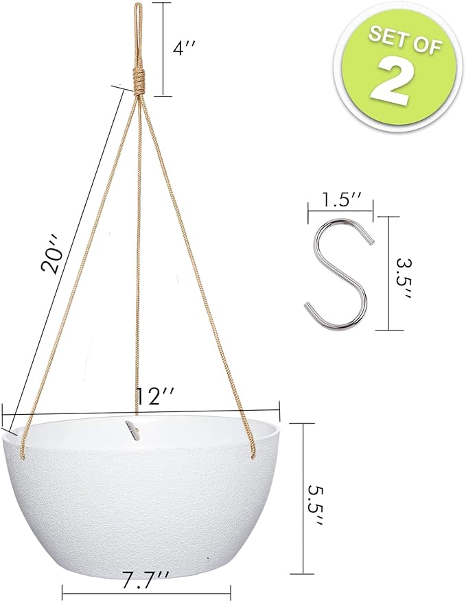 12 Inch 2 Pack Large Hanging Planters for Indoor Outdoor Plants, Plastic Hanging Basket Pots for House Plants Flowers, White