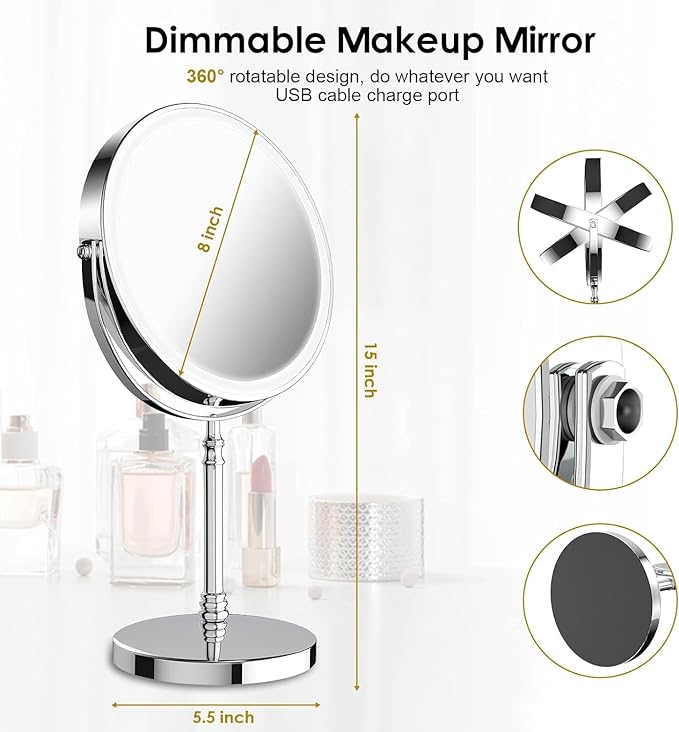 Lighted Makeup Mirror, 3000 mAh Rechargeable Double Sided Magnifying Vanity Mirror with 3 Colors, 1x/10x, 360° Rotation , Brightness Adjustable Magnification Cosmetic Light up Mirror, Women Gift