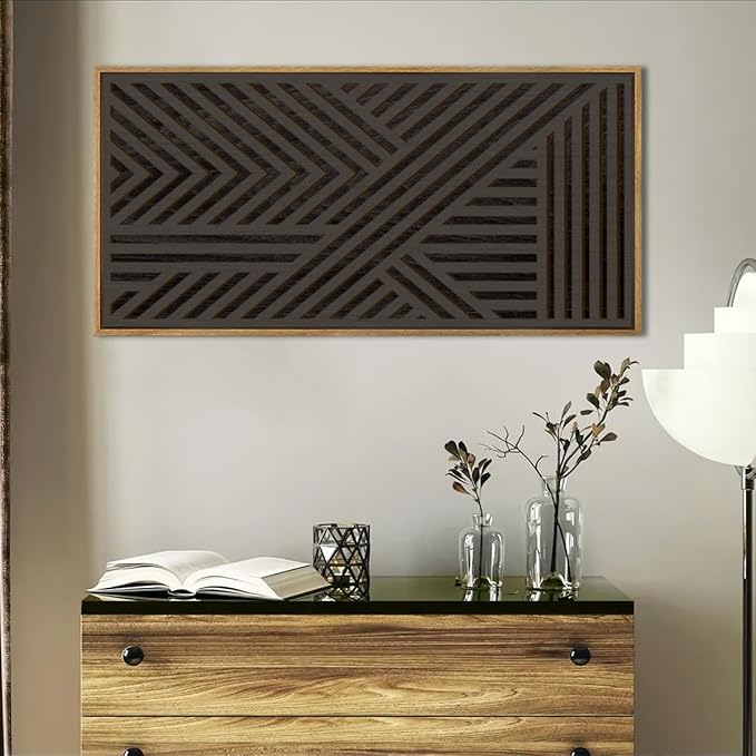 IARTTOP Large Black Framed Wood Wall Art for Living Room Abstract Modern Wooden Wall Decor Neutral Geometric Wall Sculpture Bedroom Office 20x40 Inch