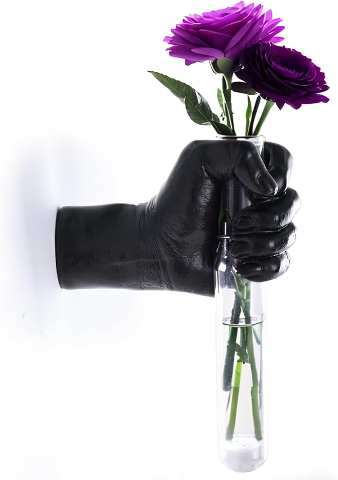 Black Hand Vase Wall Decor - Funky Art, Hand Sculpture Planter, Esculturas de Pared, Macetas para Pared, Flower Tubes, Test Tubes for Plants, Gothic Bedroom Wall Art, Mounted Vase Hanging Decor