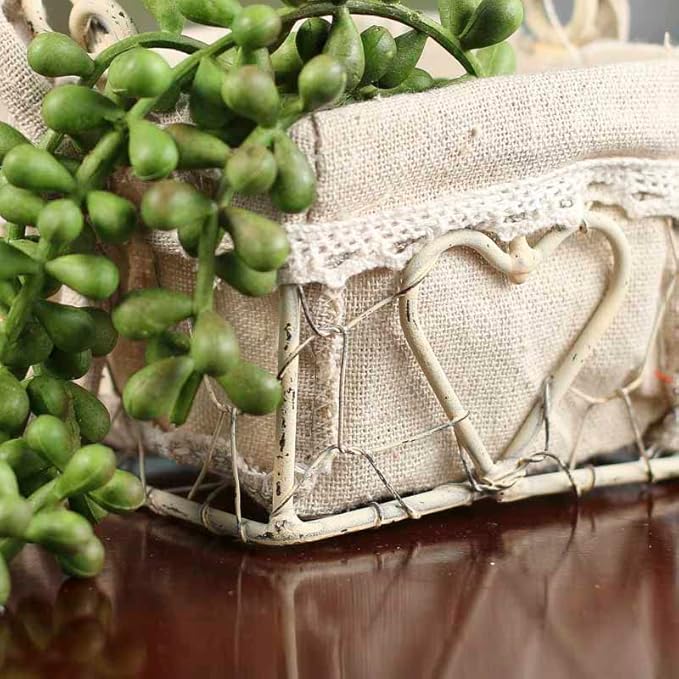 White Washed Chicken Wire Basket with Natural Linen Liner and Heart Accent. Use The Small Basket in Cottage, Coastal or Farmhouse Home Decorating