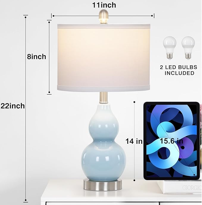 Double Gourd Ceramic Table Lamps Set of 2, Modern Blue Bedside Lamps for Night Stand, Contemporary Nightstand Lamps for Bedroom Living Room (Bulb Included)
