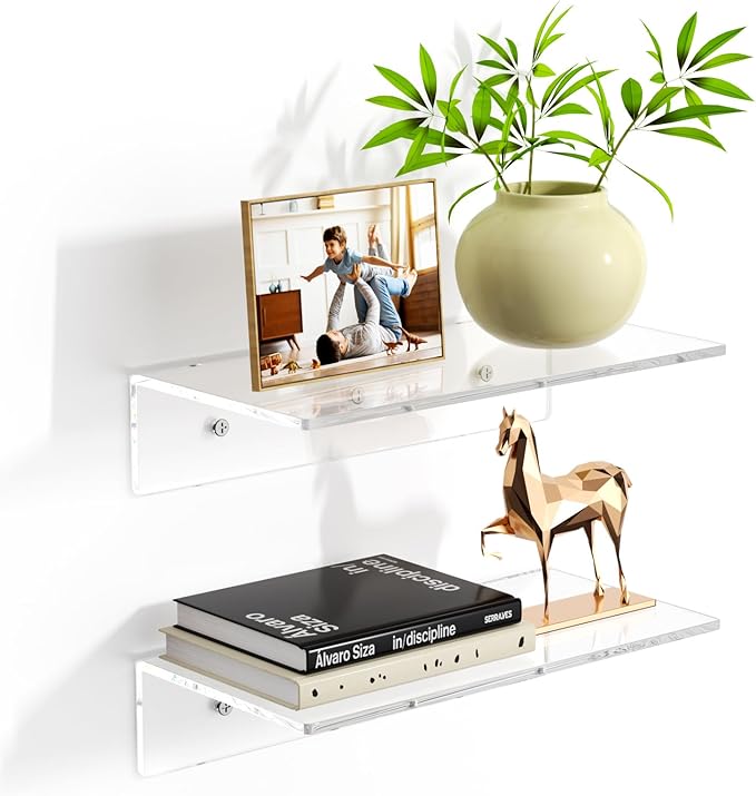 FEMELI 2 PCS 12" Acrylic Floating Shelves, Clear Shelf for Display, Plant, Perfume, Book in Bedroom Living Room Office, 5mm Thick Wall-Mounted Acrylic Shelves for Wall