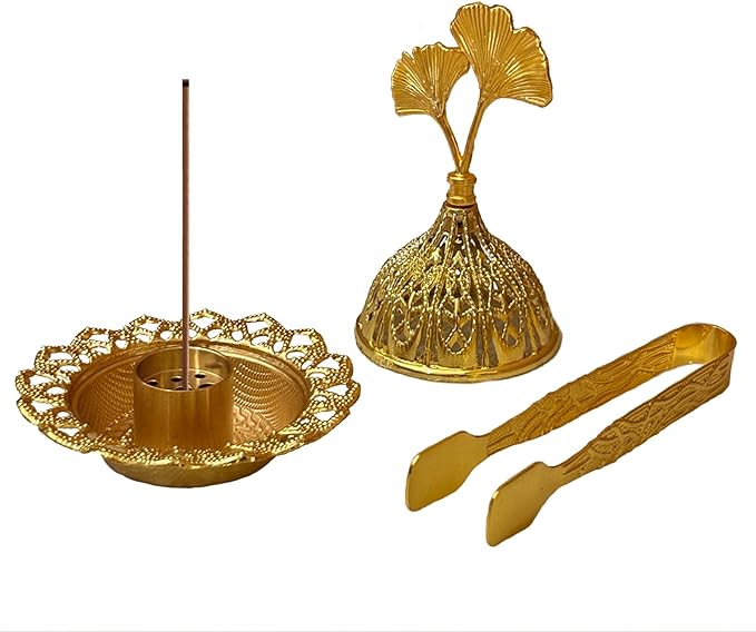 Majewel 3 in 1 Incense Holder, Vintage Incense Holders for Sticks with 9 Holes, Incense Burner Ash Catcher, Brass Incense Stick and Cone Burner for Meditation, Yoga, Home Decor (Ginkgo)