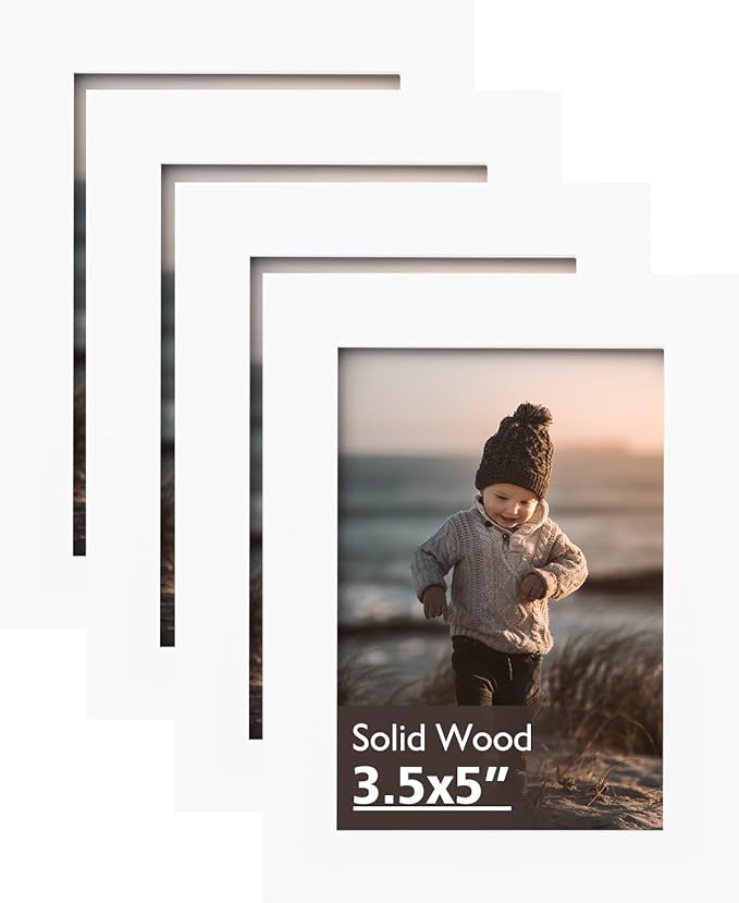 KINLINK 3.5x5 Picture Frame White, Solid Wood Frames with Plexiglass for Table Top and Wall Mounting, Photo Frames for Horizontal or Vertical Display, 4 Pack