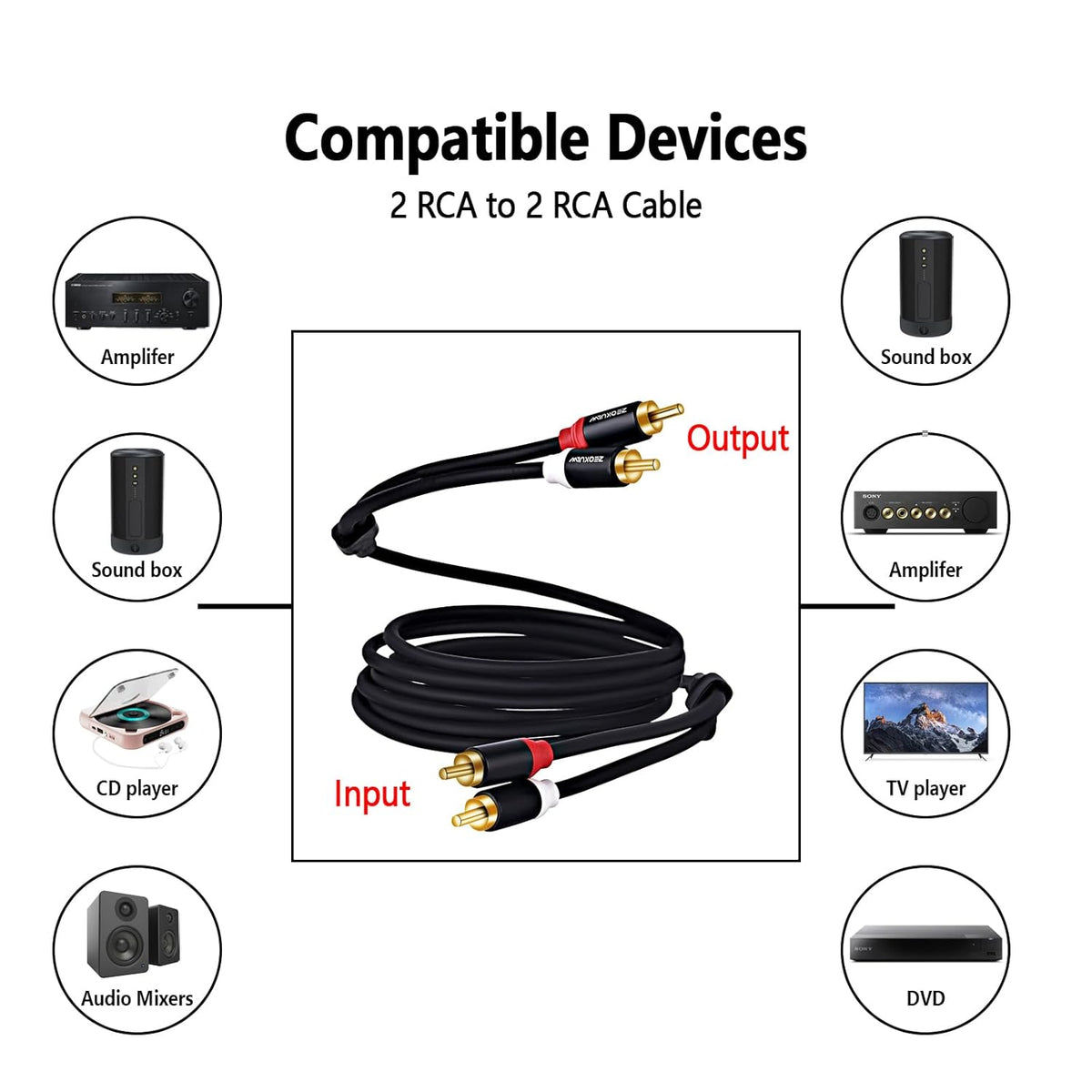 ZEQKULW 2RCA 15 2RCA 2RCA 2 15FT) Audio Video Cable ft Male to Male Stereo Audio RCA Cables Dual Shielded Gold-Plated