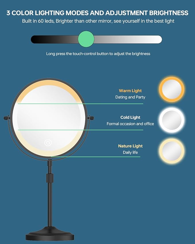 9" Lighted Makeup Mirror with 1X 10x Magnification, 5000mAh Rechargeable Led Magnifying Vanity mirror with lights, 3 Lighting Colors, Brightness Dimmable Height Adjustable Cosmetic Mirror Black