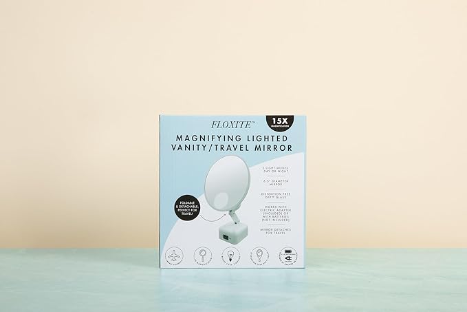 Floxite FL-615-2 15X magnifying mirror with light, Lighted travel makeup mirror with light and magnification, Round, LED, Tabletop, Portable vanity mirror for desk bathroom, electric plug in, personal