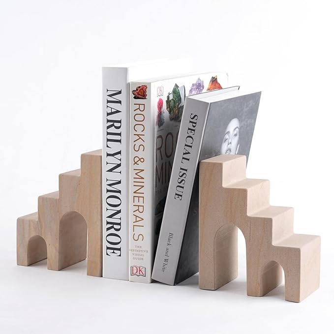 Natural Marble Book Ends for Shelves, Decorative Bookends for Heavy Books, CastleGuard Bookend Book Holder Stopper for Home Office Desk Bookshelf Decoration, Turkey Natural Marble, Set of 2