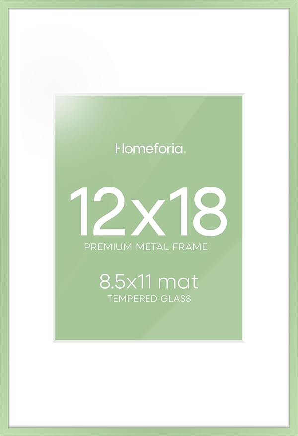 Homeforia 12x18 Picture Frame Sage Green, High End Metal 12x18 Poster Frames with Mat 8.5x11 in Photo, 12 x 18 Sage Green Frame Matted to 8.5 by 11 Art, 18x12 Frame, Tempered Glass, Wall Kit, Set of 1