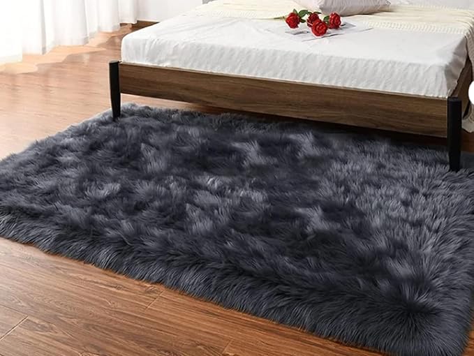 Latepis Dark Gray Faux Fur Rug 3x4 Area Sheepskin Rug for Bedroom Bedside Living Room Rugs for Sofa Cushion Playing Luxury Home Decor