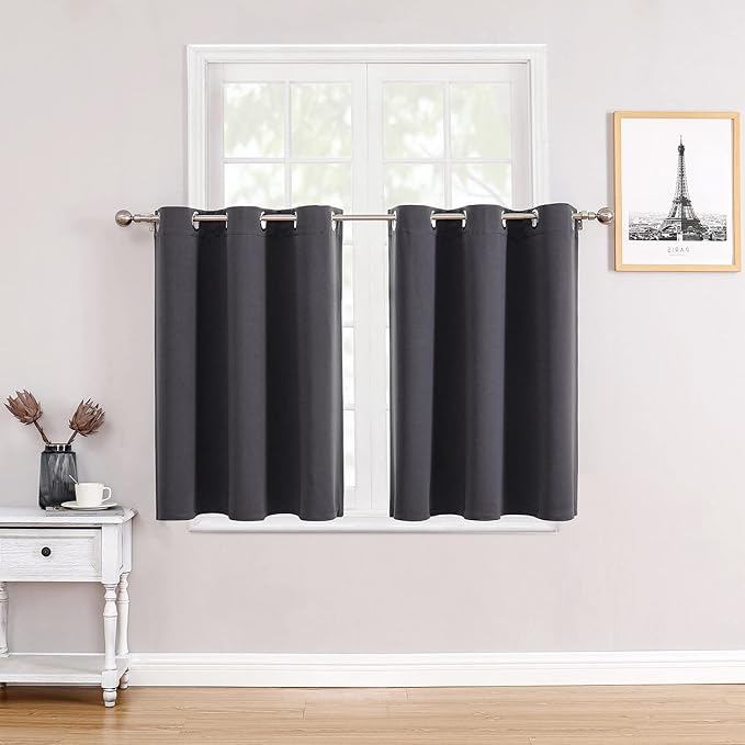ChrisDowa Small Window Curtains for Kitchen and Bedroom - Grommet Short Thermal Insulated Room Darkening Curtains (2 Panels, Dark Grey, 36 x 24 Inch)