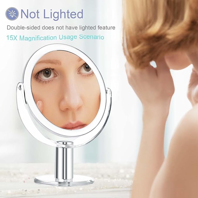 Vanity Mirror Makeup Mirror with Stand, 1X/15X Magnification Double Sided 360 Degree Swivel Magnifying Mirror, 7.4 Inch