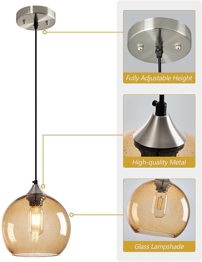 Light Brown Glass Pendant Lights Kitchen Island Lighting Globe Pendant Light Fixtures Modern Pendant Lighting for Bedroom Living Dining Room Light Fixture (7.87 in, 3 Pack)
