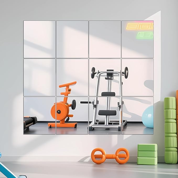 Ruomeng Gym Mirror Tiles - 14" x 12" x 12Pcs Wall Mounted Mirror Glass Frameless Full Length Mirror Tiles for Home Gym, Bedroom, Door & Bathroom