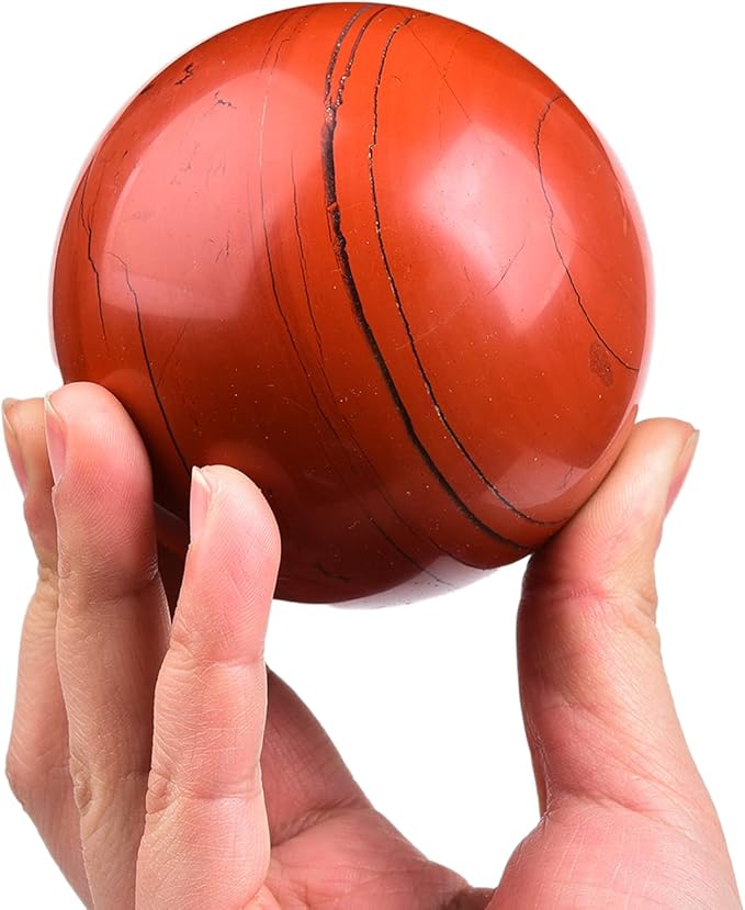 JIC Gem Red Jasper Crystal Ball Natural Quartz Crystal Sphere Stone Ball with Wooden Base (70-80mm)