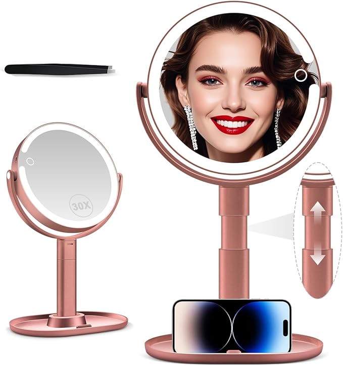MIYADIVA Makeup Mirror with Lights, 30X Magnifying Mirror with Light and Touch Switch, Vanity Mirror with 3 Color Light and 80 LEDs, Height Adjustable Desk Mirror with Lights, Rose