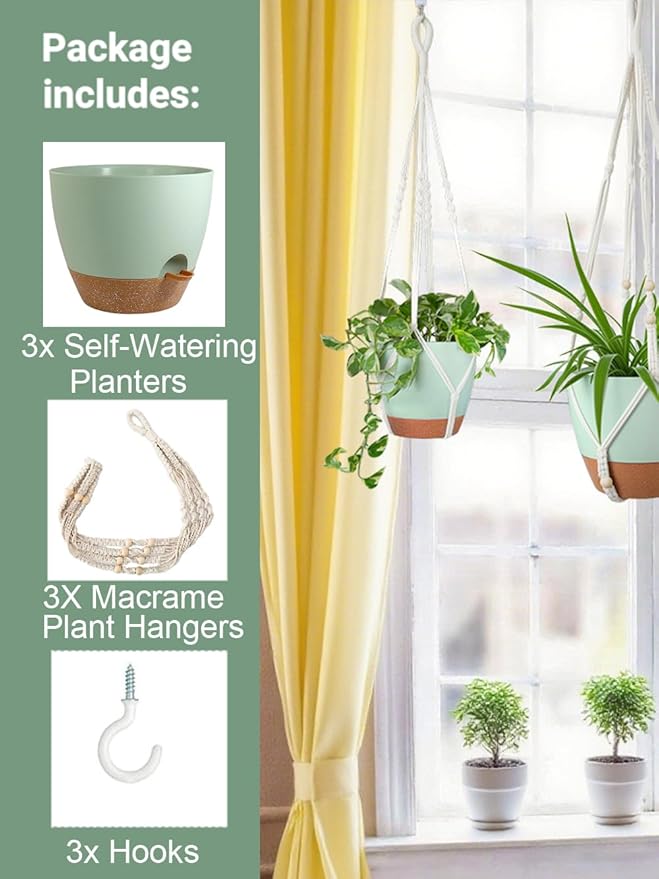 Self Watering Hanging Planters for Indoor Plants 3 Pack Macrame Plant Hangers with Drainage Holes Pots and Hooks for Home Garden Decor Green