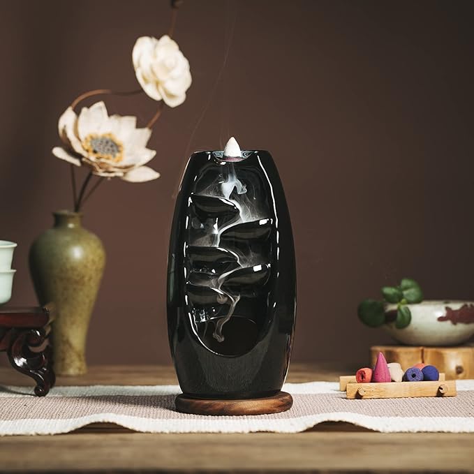 INONE Ceramic Incense Burner with 120 Cones, Waterfall Backflow Incense Holder, Aromatherapy Ornament, Zen Decor, Home Decor, Room Decor (Black)