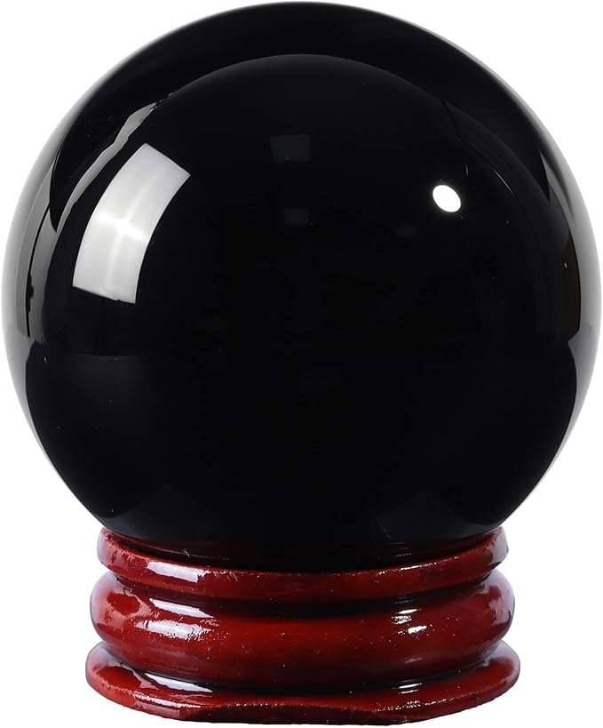 Sportmusies Natural Black Obsidian Stone Sphere with Wooden Stand, Polished Crystal Ball Decoration for Home & Office